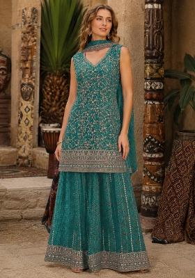 Blue Embroidered Georgette Kurta Set