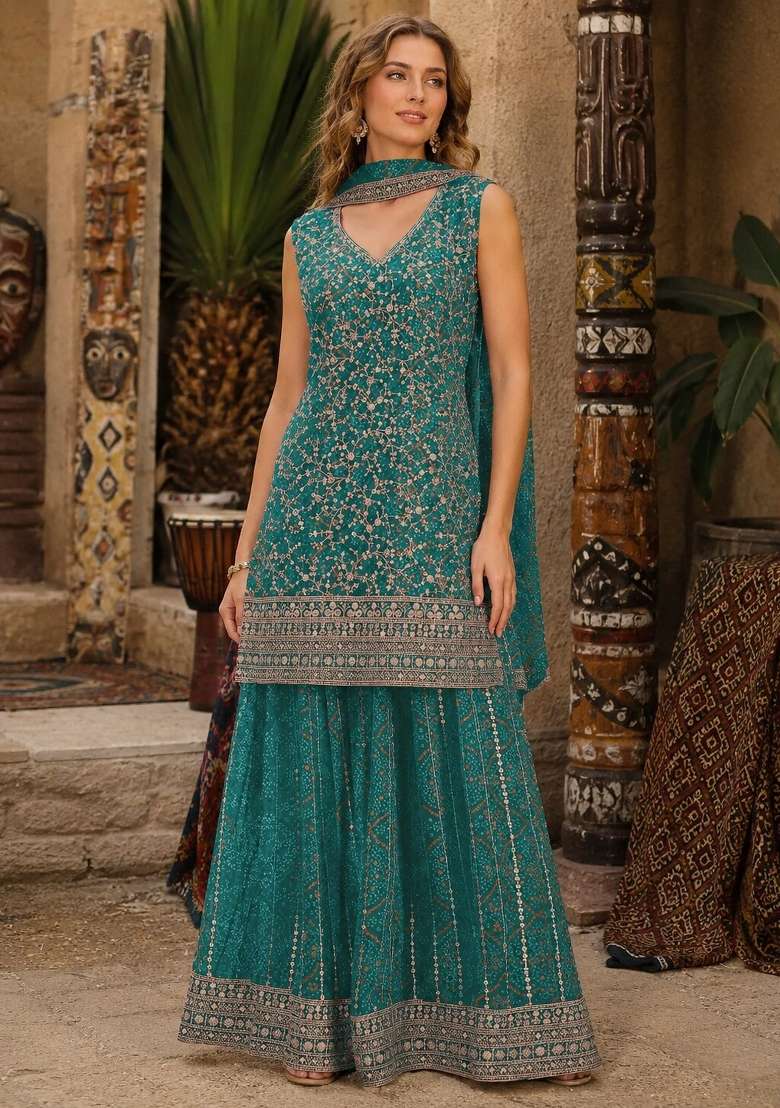 Blue Embroidered Georgette Kurta Set - Indya