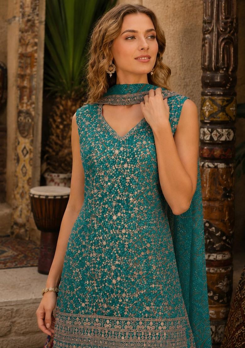 Blue Embroidered Georgette Kurta Set - Indya