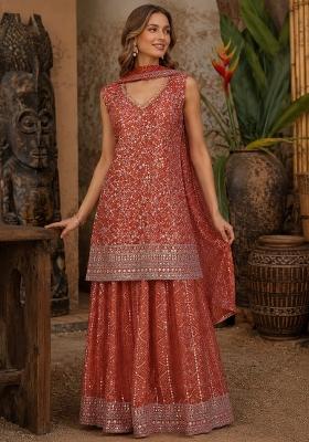 Orange Embroidered Georgette Kurta Set