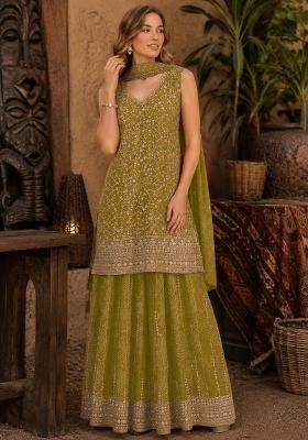 Mustard Embroidered Georgette Kurta Set