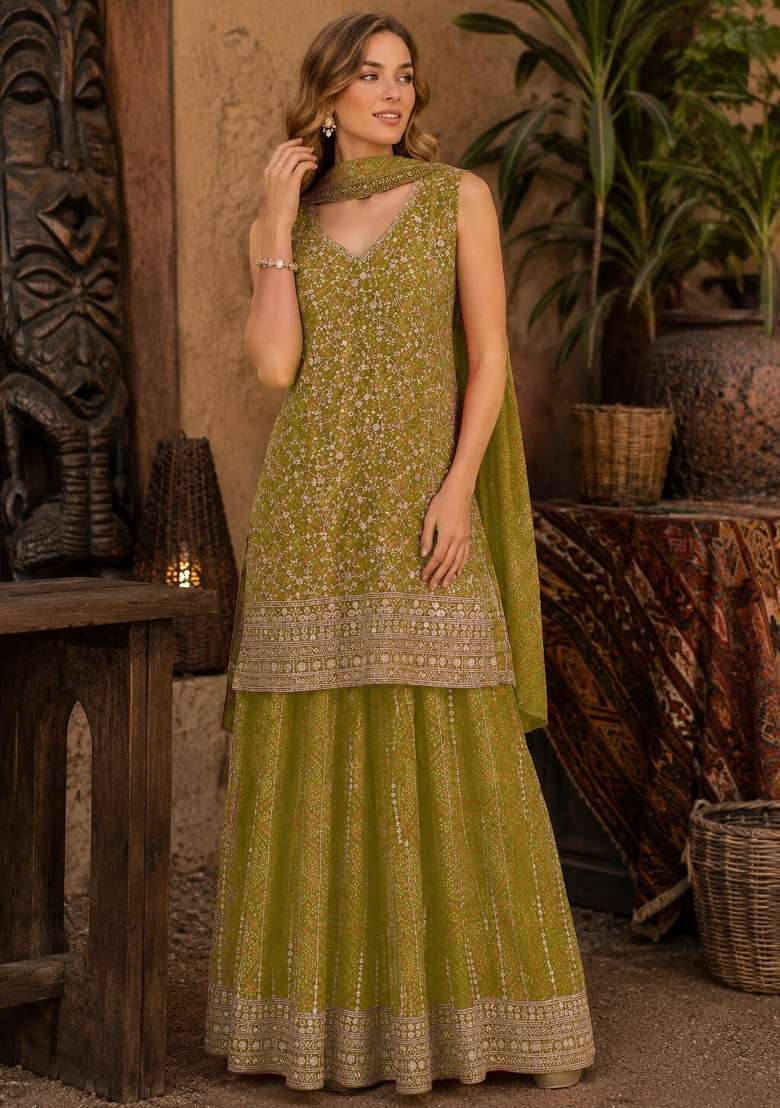 Mustard Embroidered Georgette Kurta Set - Indya