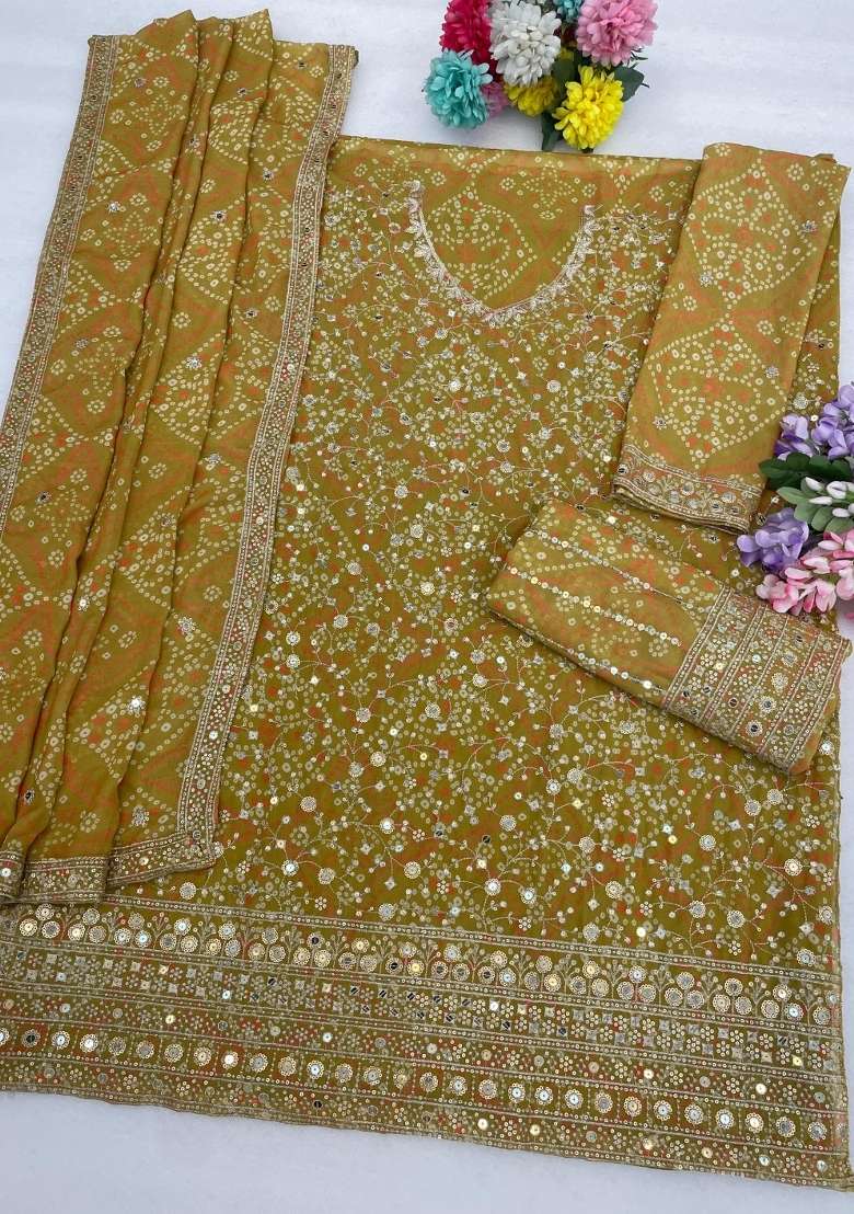 Mustard Embroidered Georgette Kurta Set - Indya