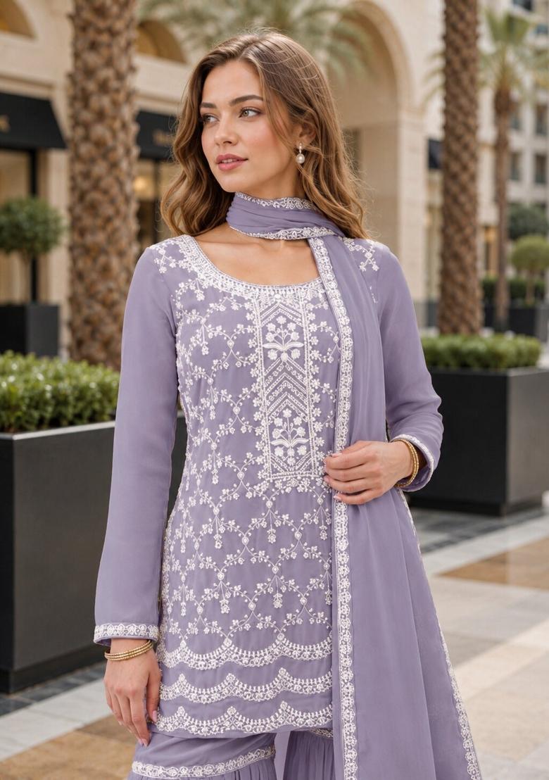 Lavender Embroidered Georgette Kurta Set - Indya