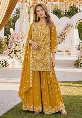Yellow Embroidered Georgette Kurta Set
