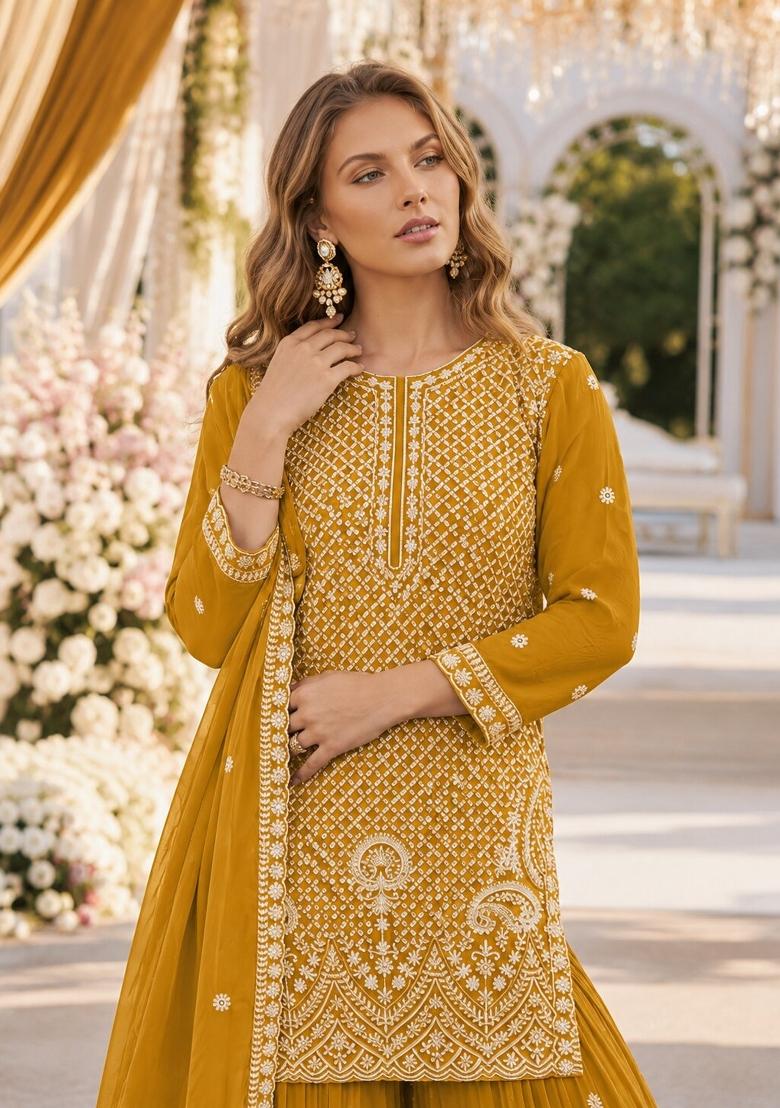 Yellow Embroidered Georgette Kurta Set - Indya