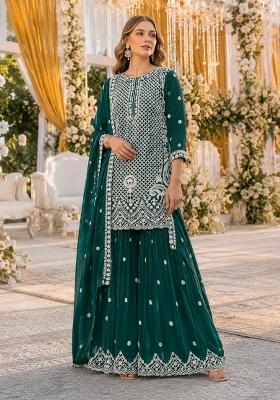 Dark Green Embroidered Georgette Kurta Set