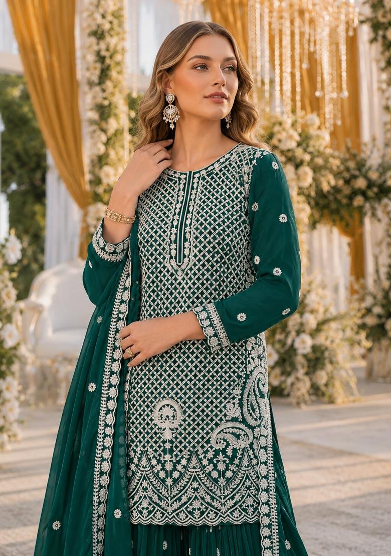 Dark Green Embroidered Georgette Kurta Set - Indya