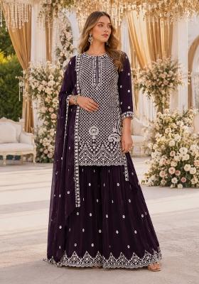 Dark Purple Embroidered Georgette Kurta Set