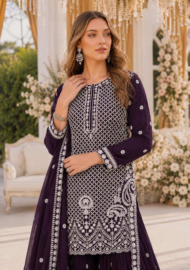 Dark Purple Embroidered Georgette Kurta Set - Indya