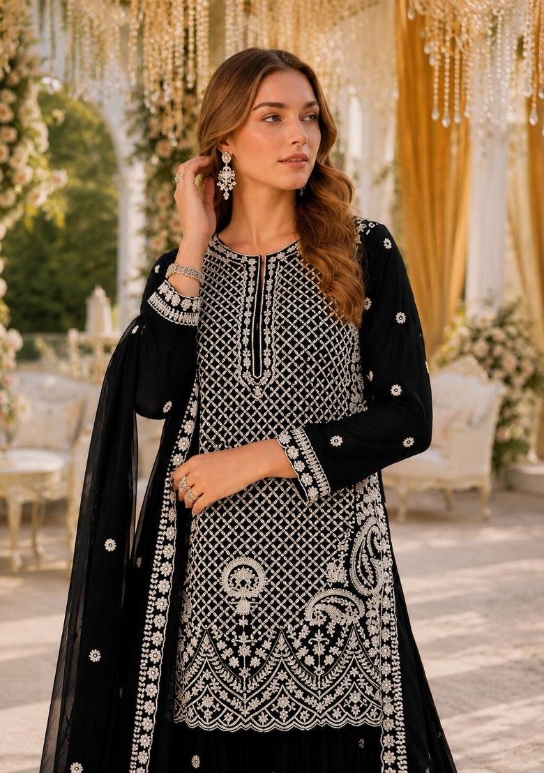 Black Embroidered Georgette Kurta Set - Indya