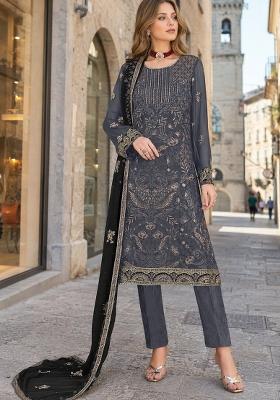 Grey Embroidered Georgette Pakistani Suit Set