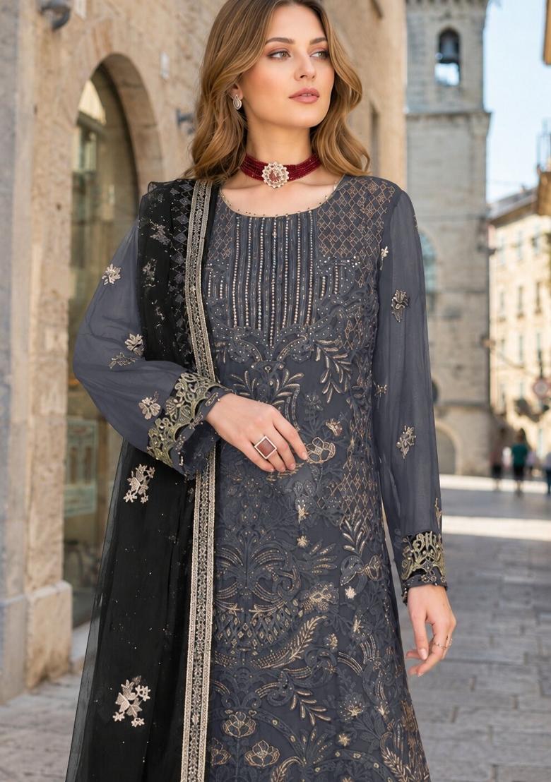 Grey Embroidered Georgette Pakistani Suit Set - Indya