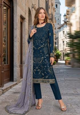 Teal Embroidered Georgette Pakistani Suit Set