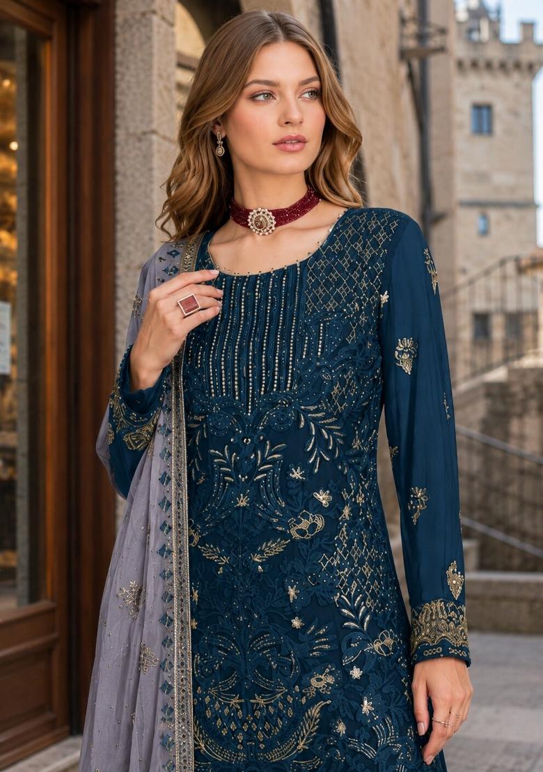 Teal Embroidered Georgette Pakistani Suit Set - Indya