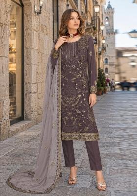 Dark Grey Embroidered Georgette Pakistani Suit Set