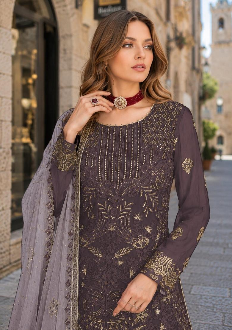 Dark Grey Embroidered Georgette Pakistani Suit Set - Indya
