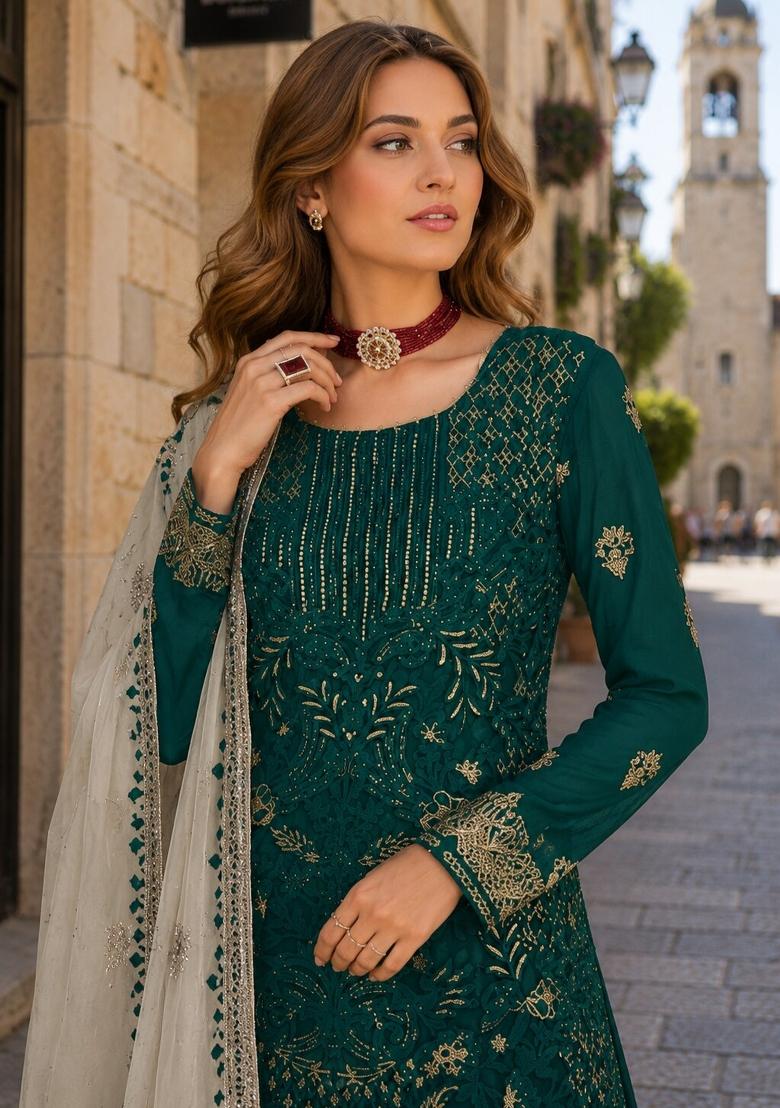 Teal Green Embroidered Georgette Pakistani Suit Set - Indya