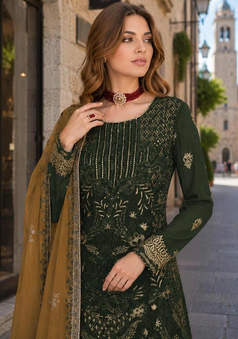 Green Embroidered Georgette Pakistani Suit Set - Indya