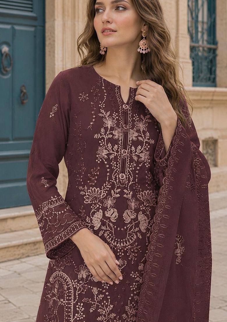 Maroon Embroidered Georgette Pakistani Suit Set - Indya