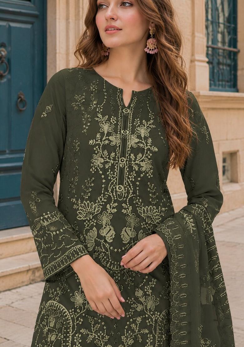 Mehendi Embroidered Georgette Pakistani Suit Set - Indya