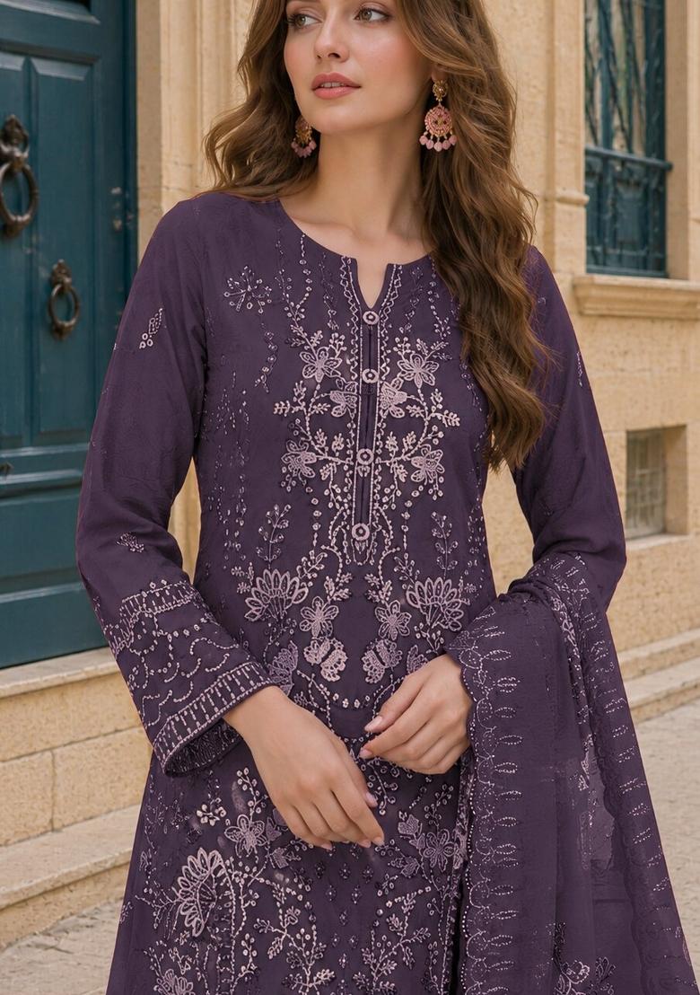 Dark Lavender Embroidered Georgette Pakistani Suit Set - Indya