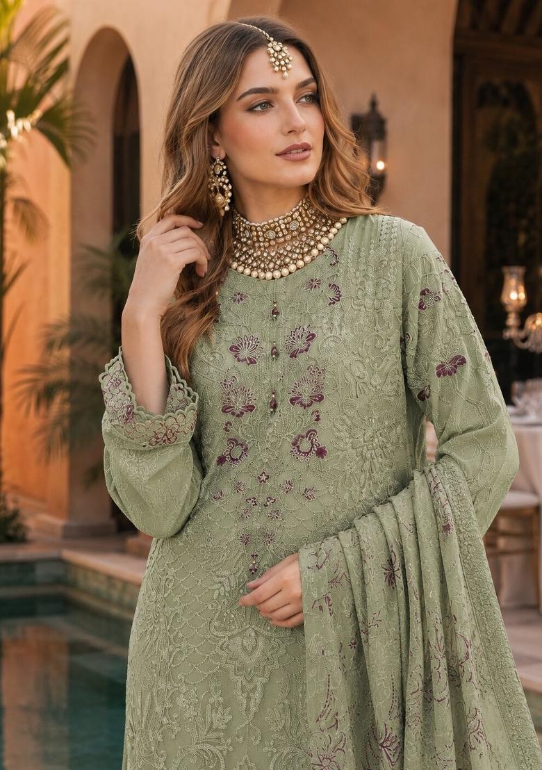 Light Sea Green Embroidered Georgette Pakistani Suit Set - Indya