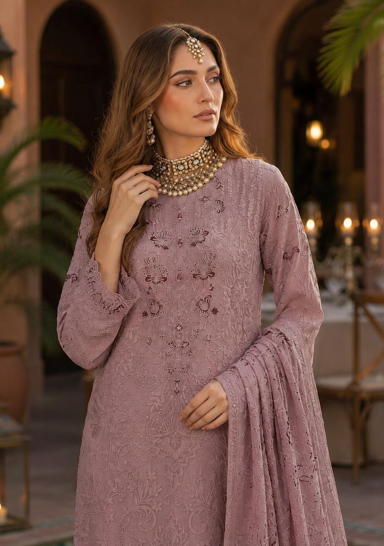 Light Pink Embroidered Georgette Pakistani Suit Set - Indya