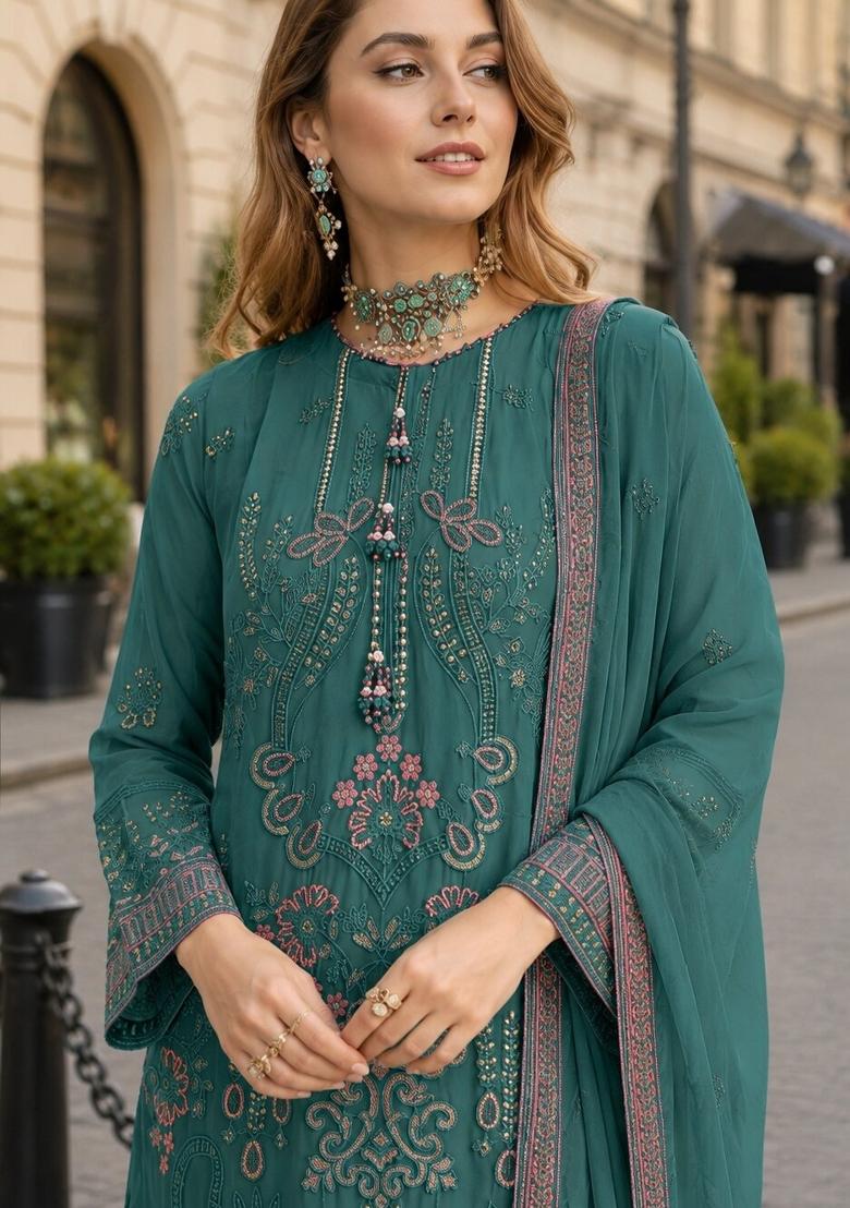 Green Embroidered Georgette Kurta Set - Indya