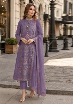 Purple Embroidered Georgette Kurta Set