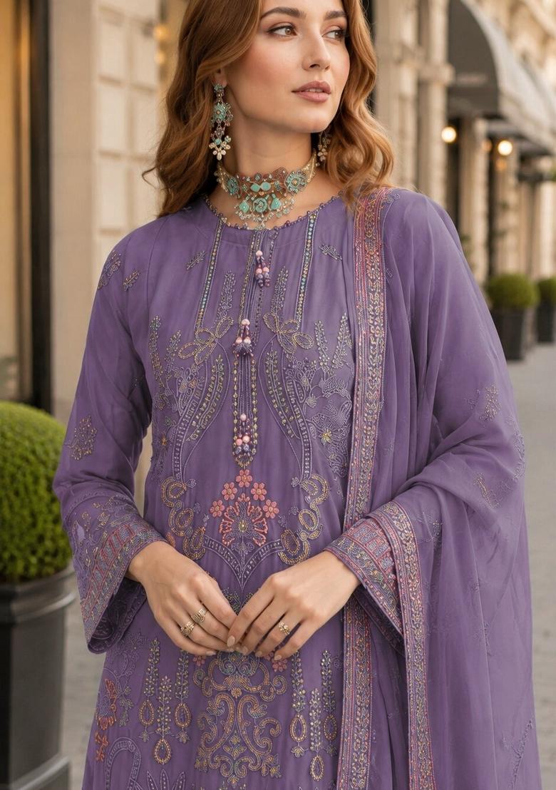 Purple Embroidered Georgette Kurta Set - Indya