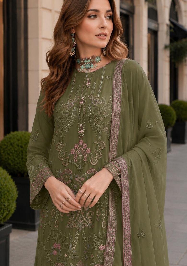 Mehendi Embroidered Georgette Kurta Set - Indya