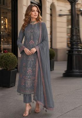 Blue Embroidered Georgette Kurta Set
