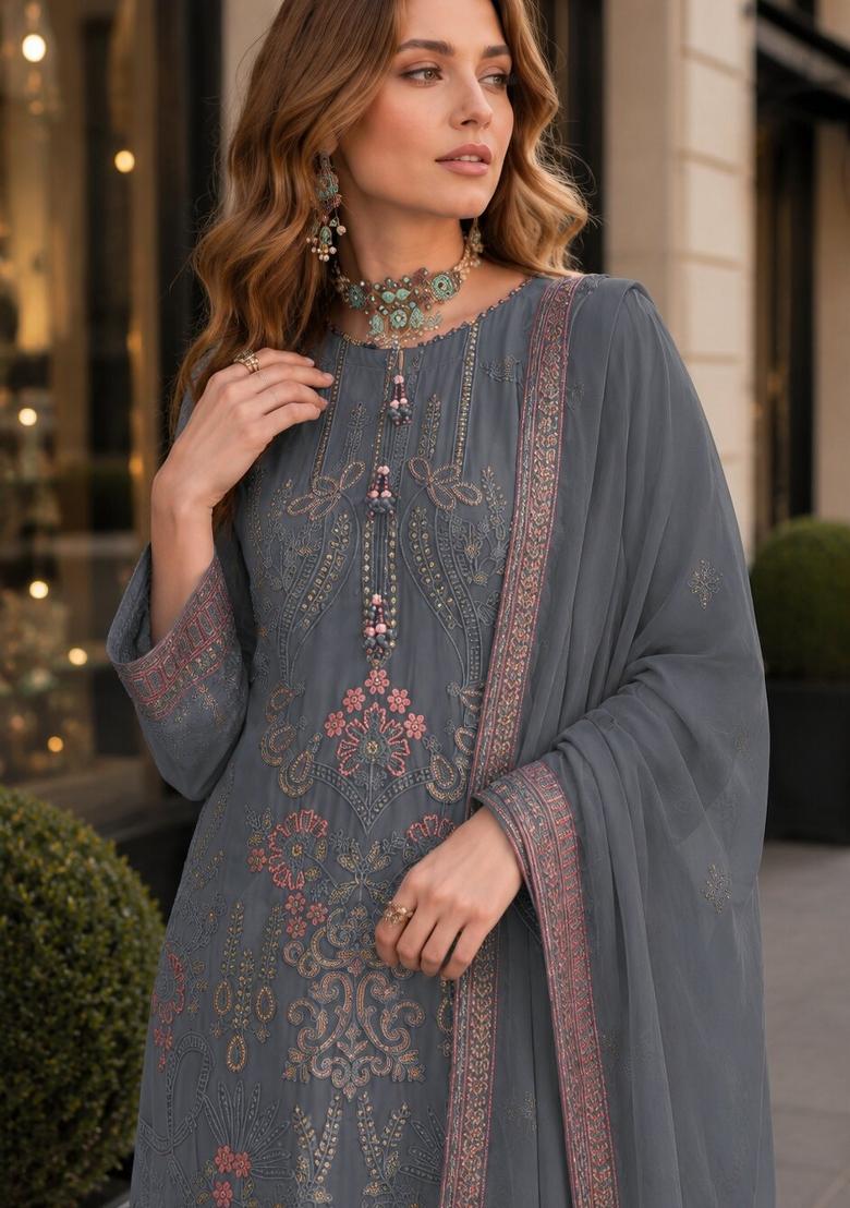 Blue Embroidered Georgette Kurta Set - Indya