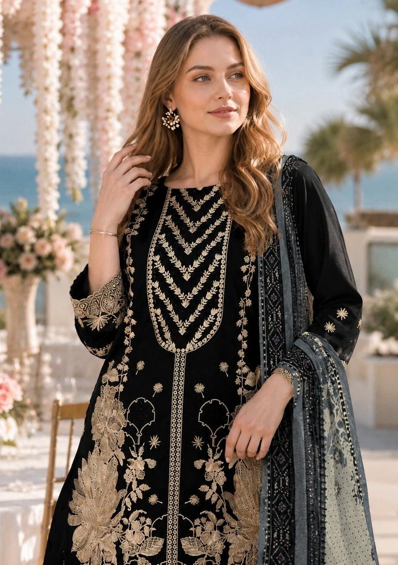 Black Embroidered Georgette Kurta Set - Indya