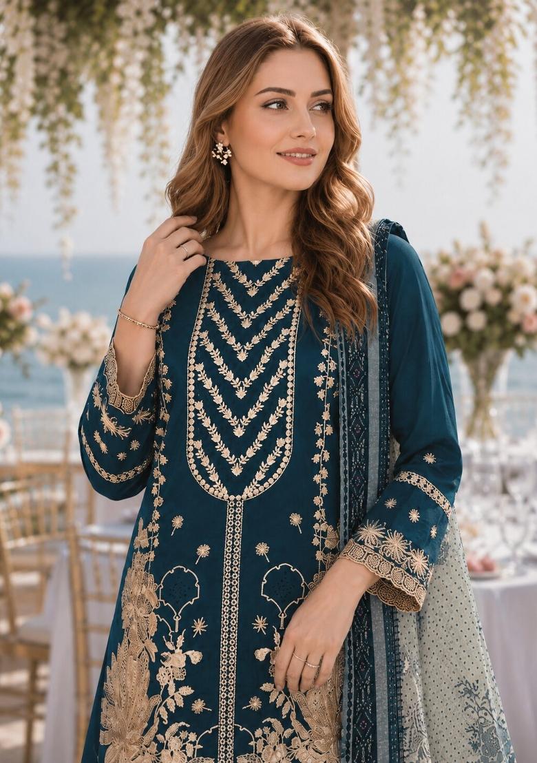 Dark Blue Embroidered Georgette Kurta Set - Indya