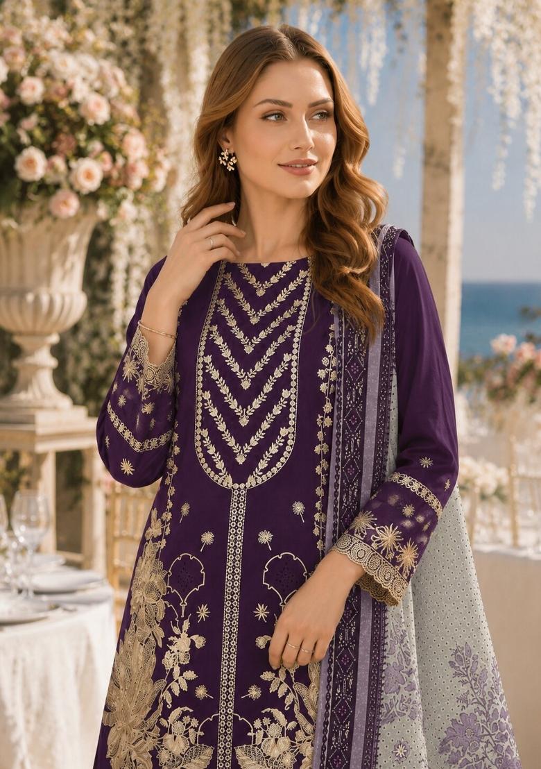 Violet Embroidered Georgette Kurta Set - Indya