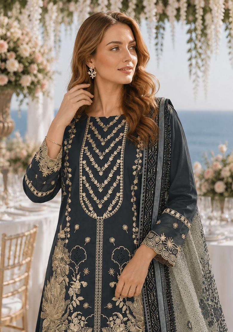 Navy Blue Embroidered Georgette Kurta Set - Indya