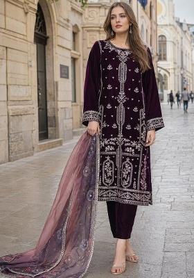 Purple Embroidered Velvet Pakistani Suit Set