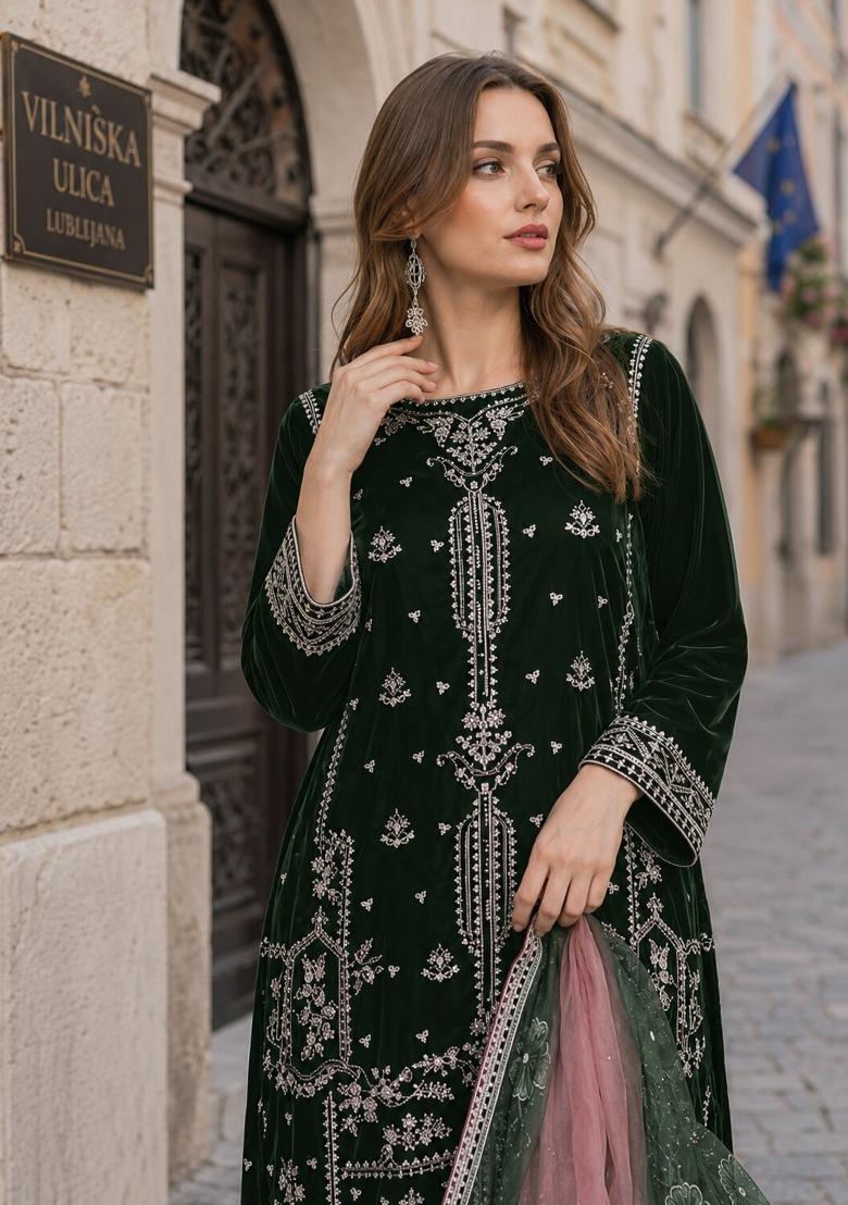 Green Embroidered Velvet Pakistani Suit Set - Indya