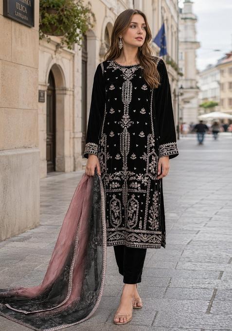 Black Embroidered Velvet Pakistani Suit Set