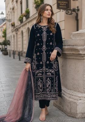 Navy Blue Embroidered Velvet Pakistani Suit Set