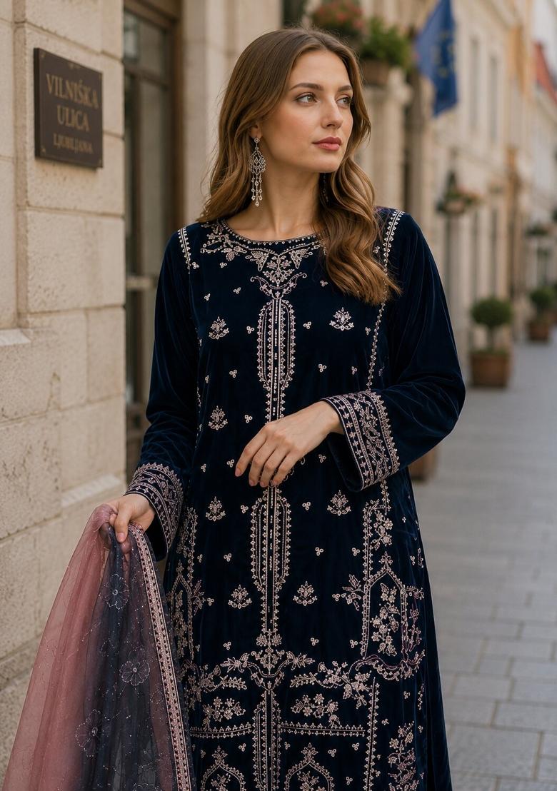 Navy Blue Embroidered Velvet Pakistani Suit Set - Indya
