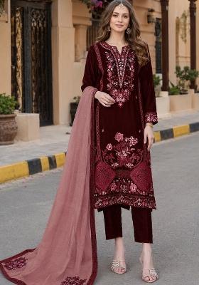 Maroon Embroidered Velvet Pakistani Suit Set