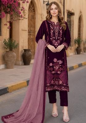 Purple Embroidered Velvet Pakistani Suit Set
