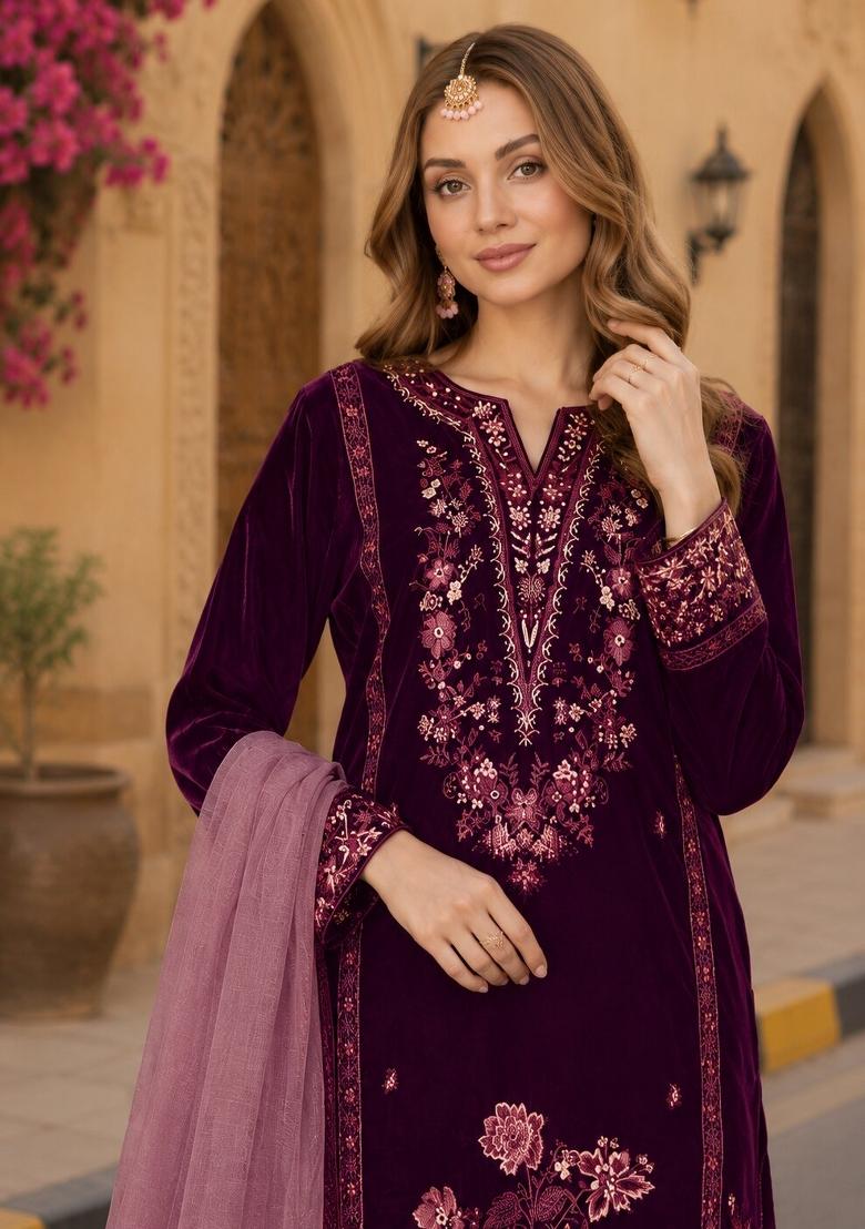 Purple Embroidered Velvet Pakistani Suit Set - Indya
