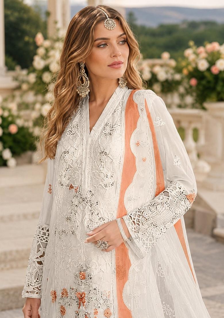 White Embroidered Chiffon Kurta Set - Indya