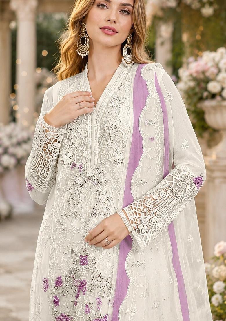 White Embroidered Chiffon Kurta Set - Indya