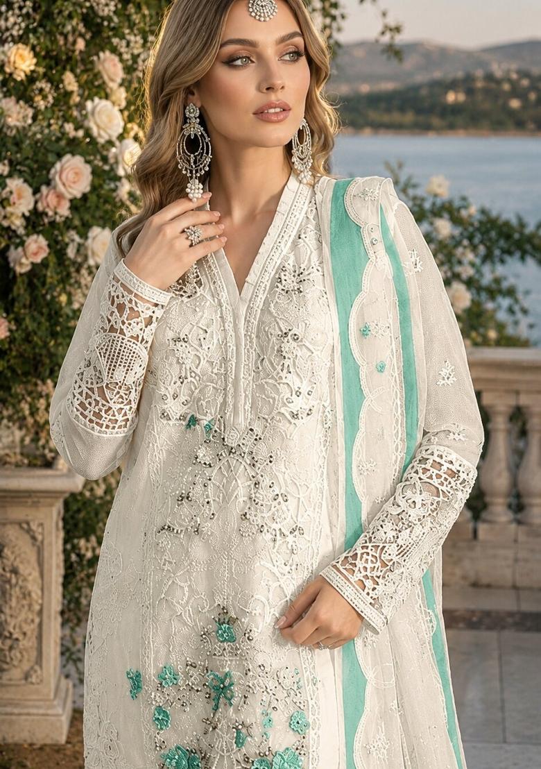 White Embroidered Chiffon Kurta Set - Indya