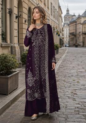 Purple Embroidered Velvet Pakistani Suit Set